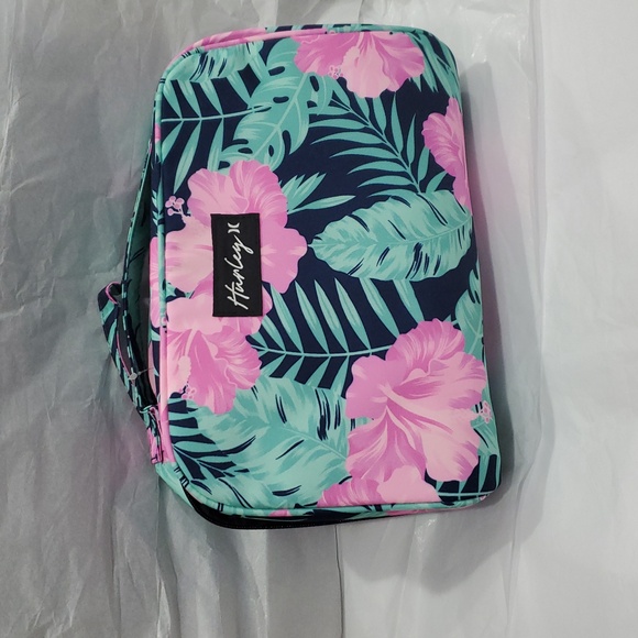 Hurley obsidian dark blue pink hibiscus tropical palm print makeup cosmetics bag - Picture 10 of 16